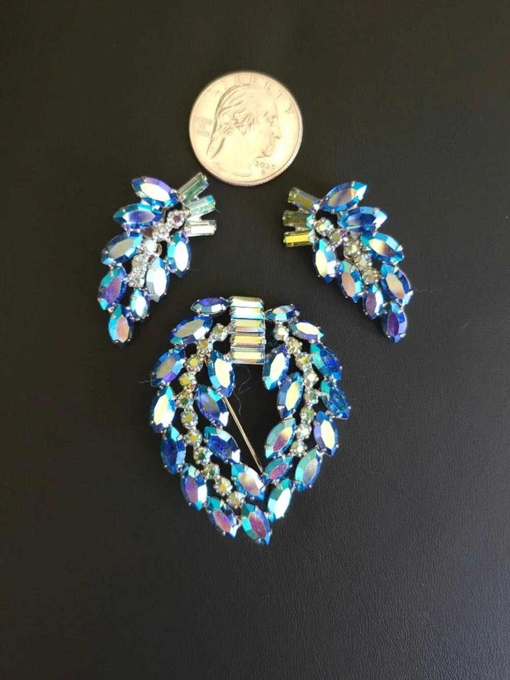 Vintage B. David Peacock Blue AB Rhinestone Brooch & Earring Set